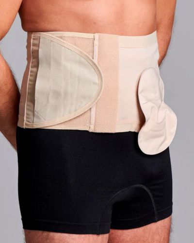 CUI Unisex Adjustable Hole Anti Roll Ostomy Hernia Support Belt - 16cm/6inch - 1 each, SMALL, LEFT - BEIGE - WITH POUCH OPENING