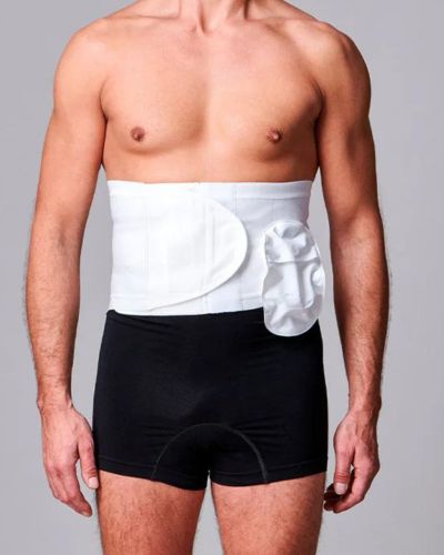 CUI Unisex Adjustable Hole Anti Roll Ostomy Hernia Support Belt - 16cm/6inch - 1 each, XLARGE, LEFT - WHITE - WITH POUCH OPENING