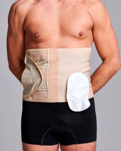 CUI Unisex Adjustable Hole Anti Roll Ostomy Hernia Support Belt - 26cm/10inch - 1 each, XSMALL, LEFT - BEIGE - WITH POUCH OPENING