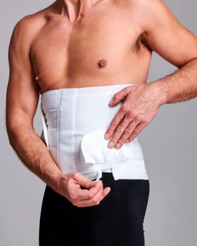 CUI Unisex Adjustable Hole Anti Roll Ostomy Hernia Support Belt - 26cm/10inch - 1 each, XXLARGE, LEFT - WHITE - WITH POUCH OPENING - 0