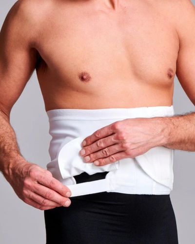 CUI Unisex Adjustable Hole Anti Roll Ostomy Hernia Support Belt - 16cm/6inch - 1 each, MEDIUM, RIGHT - WHITE - WITH POUCH OPENING