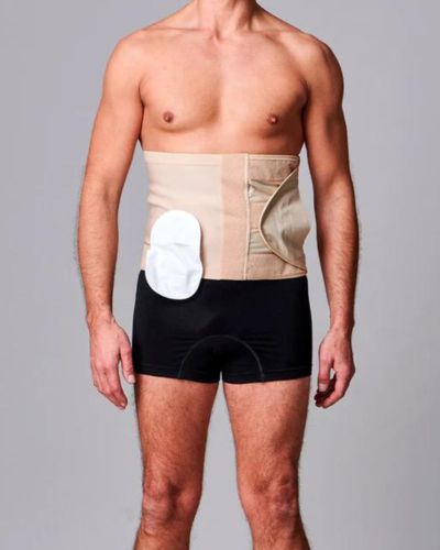 CUI Unisex Adjustable Hole Anti Roll Ostomy Hernia Support Belt - 26cm/10inch - 1 each, LARGE, RIGHT - BEIGE - WITH POUCH OPENING
